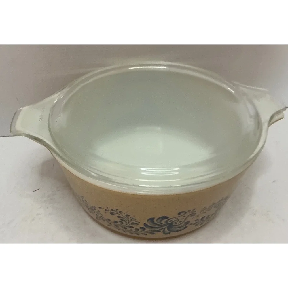 Pyrex Vintage Homestead Casserole Dish 2.5qt Blue Floral Tan Speckled 475-B Lid